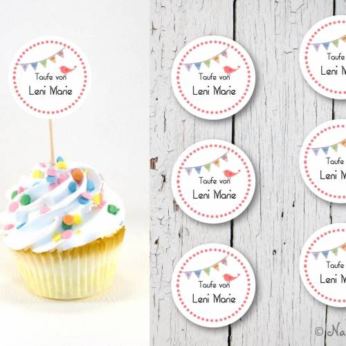 Taufe Set 6 Cupcake Topper personalisiert Flags Muffindeko mit individuellem Namen für Mädchen oder Jungen