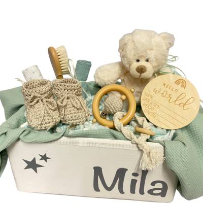 Windeltorte  Kiste mit Name Baby Geschenk Taufe Geburt Babyshower Babyparty Holzkiste Makramee Boho Spielzeugkiste