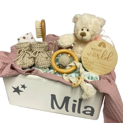 Windeltorte  Kiste mit Name Baby Geschenk Taufe Geburt Babyshower Babyparty Holzkiste Makramee Boho Spielzeugkiste