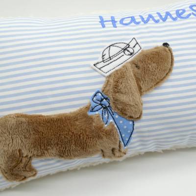 Kuschelkissen  Hund Dackel Teckel Ahoi  Wunschnamen Taufkissen Geburtskissen - Schmusekissen Kissen mit Namen