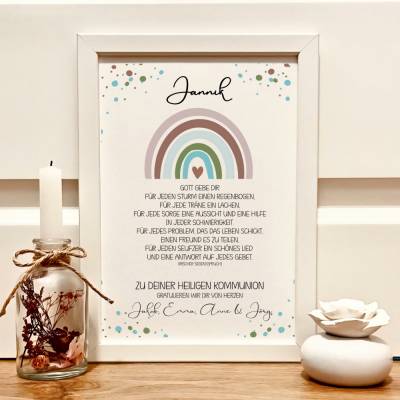 Personalisiertes Geschenkbild zur Erstkommunion für Jungen – Kommunionsgeschenk mit Namen & Regenbogenmotiv