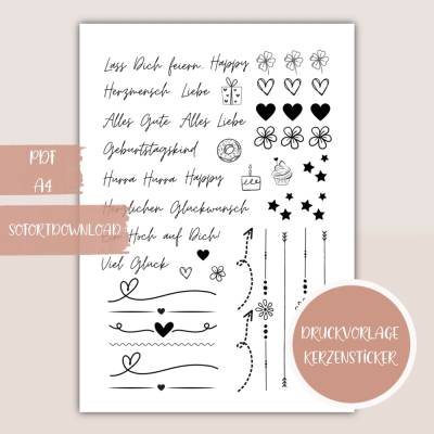 Kerzensticker & Kerzentattoo Geburtstag – Schwarz | Printable Motive A4 | DIY Kerzendeko & Geschenke