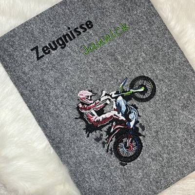 Zeugnis, Zeugnismappe, Zeugnishülle, Zeugnisse, gestickt, Motocross, Filz, Junge, Mädchen, personalisierbar