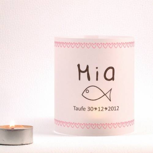 Personalisierte DIY Lichthülle aus Papier mit rosa Herzen und Fisch zur Taufe Firmung Kommunion Konfirmation Bat Mizwa