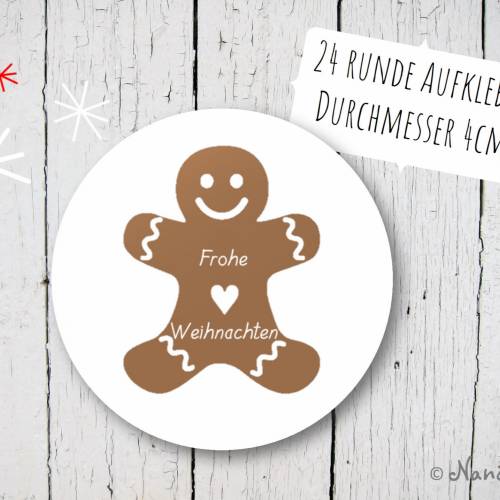 Frohe Weihnachten Aufkleber rund mit Lebkuchenmann 4cm 24 Stück