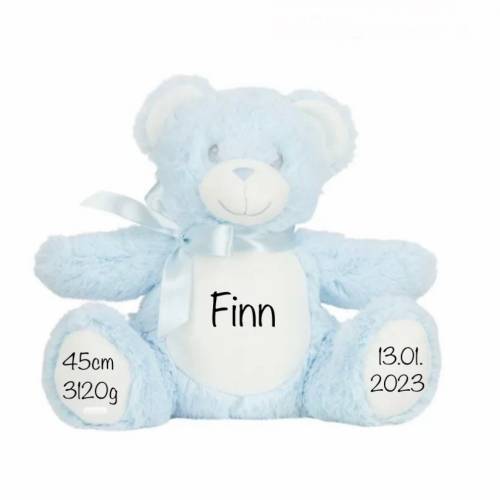 Kuscheltier Teddybär mit Name Personalisiert | Geburtsdaten in Rosa , Blau und Weiß erhältlich