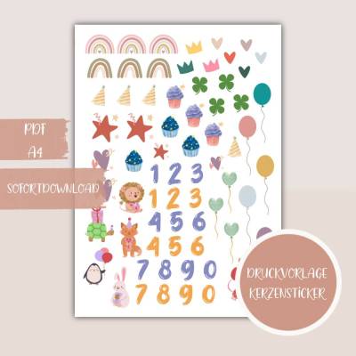 Kerzensticker, Kerzentattoo - Geburtstagsmotive - PDF Datei zum Ausdrucken auch für Stickerpapier