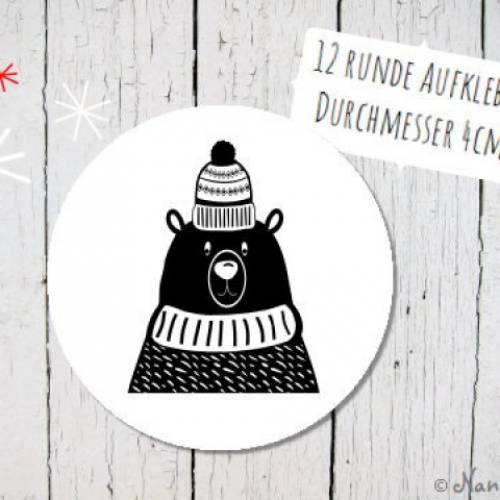 Runde Papieraufkleber mit Kuschelbär in schwarz-weiß 4cm