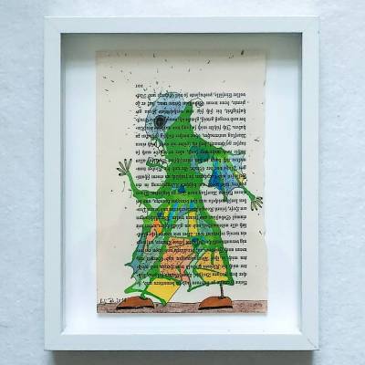 Originalzeichnung auf alter Buchseite, KlexMonster, grüner Mann, fertig gerahmt im Objektrahmen