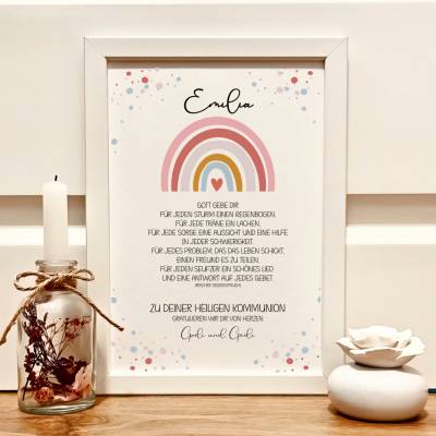 Personalisiertes Geschenkbild zur Erstkommunion für Mädchen – Einzigartiges Kommunionsgeschenk mit Namen & Regenbogen