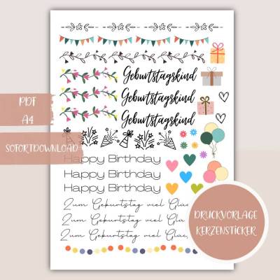 Kerzensticker & Kerzentattoo Happy Birthday – PDF Druckvorlage A4 zum Ausdrucken
