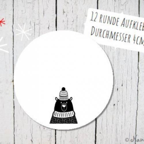 Runde Papieraufkleber zum Selbstbeschriften mit süßem Bär in schwarz-weiß 4cm