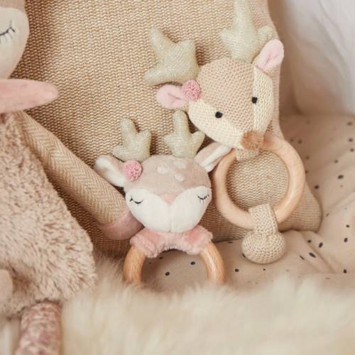 Rassel / Beißring / Greifling mit Name personalisiert mit Rassel | Reh | Rosa | Natur | Geschenk zur Geburt | Taufe