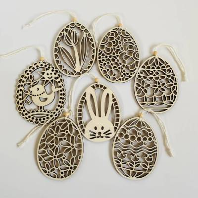 7-teilige Eieranhänger aus Holz, Holzeier als Dekoration oder Geschenk zu Ostern, filigrane gelaserte Eier