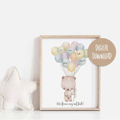 Fingerabdruck Gästebuchposter Gästebuch Kinder Taufe Babyparty Bär Ballon, Digital Download