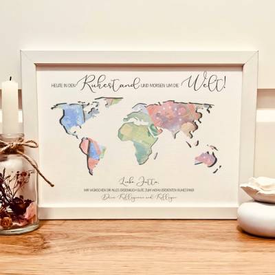 Personalisiertes Geldgeschenk Ruhestand – Abschiedsgeschenk Kollegin & Kollege, Reise-Motiv, Bilderrahmen A4