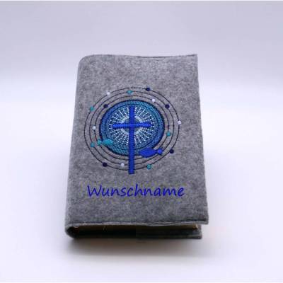 Gotteslobhülle, Kreuz, Kreis, Fische, personalisierbar, Filzhülle grau, Stickgarn blau