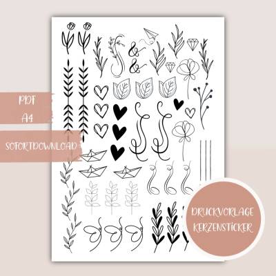 Kerzensticker, Kerzentattoo - verschiedene Motive schwarz - PDF Datei zum Ausdrucken auch für Stickerpapier