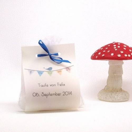DIY Set Gastgeschenk Schild Banderole Organzabeutel personalisiert mit bunter Wimpelkette für Taufe Kommunion Konfirmati