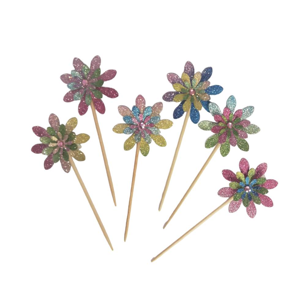 Dekostecker Blumenstecker Party Piekser – 6 Sticks, Blumen, Glitzer & Dekostein – Handmade Deko Bild 2