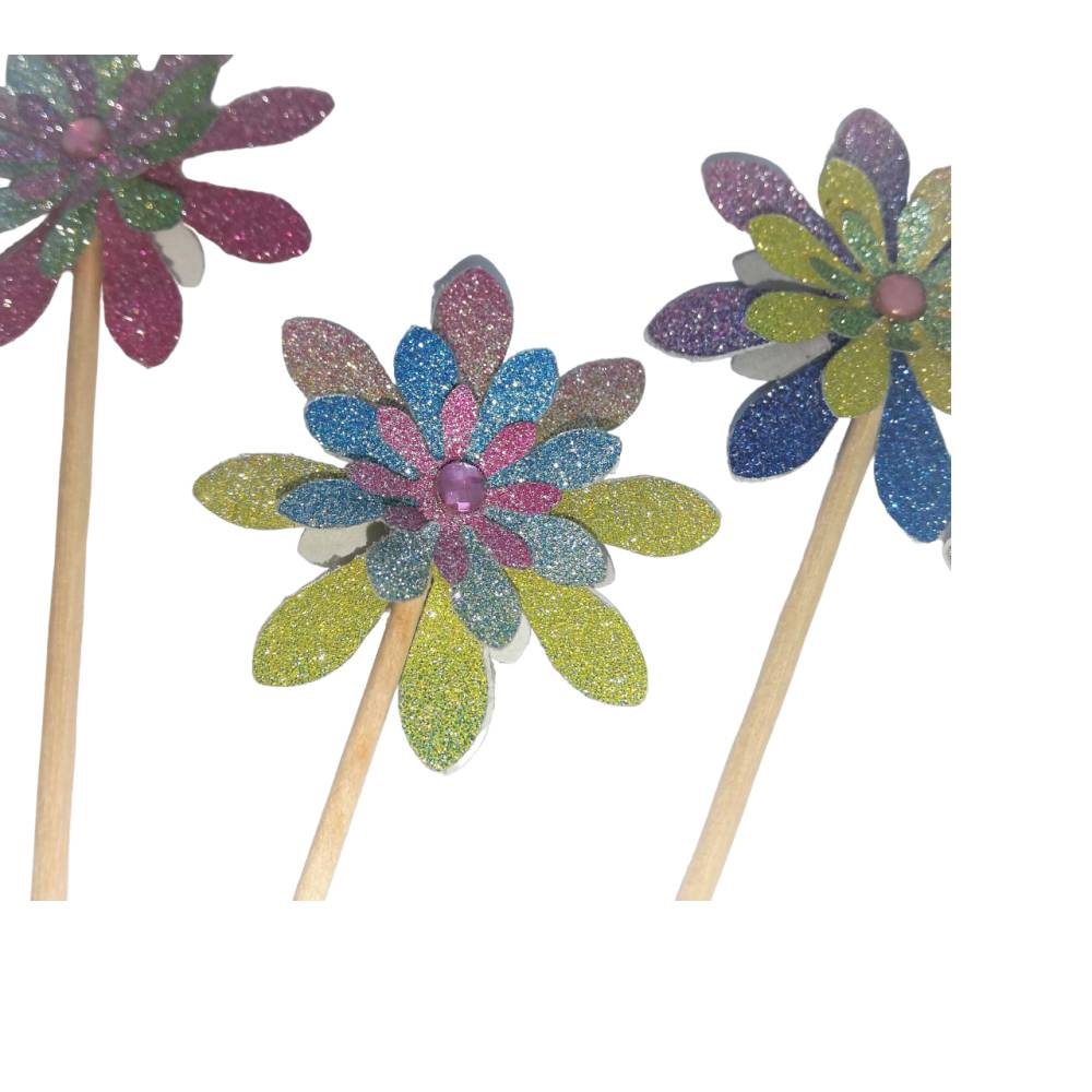 Dekostecker Blumenstecker Party Piekser – 6 Sticks, Blumen, Glitzer & Dekostein – Handmade Deko Bild 3