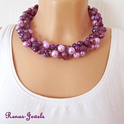 Statement Kette Collier Halsreif lila Perlen handgefertigt – Einzigartige Statementkette aus Acryl und Glas
