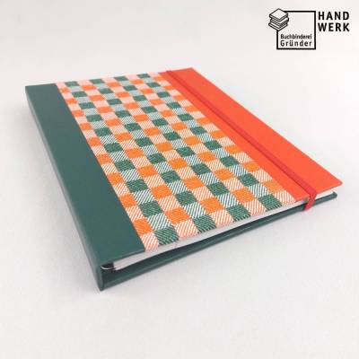 Mappe mit Collegeblock, DIN A5, dunkelgrün orange, Block austauschbar, Verschlussgummi, Unikat