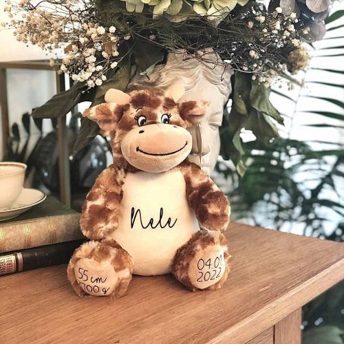 Kuscheltier Giraffe Personalisiert mit Namen, Geburtsdatum, Größe, Gewicht, Geschenkidee