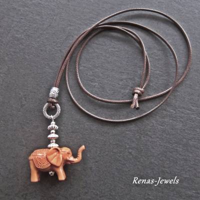 Kette lang mit Elefant Anhänger braun silberfarben – Handgefertigte Bettelkette aus Polyesterband
