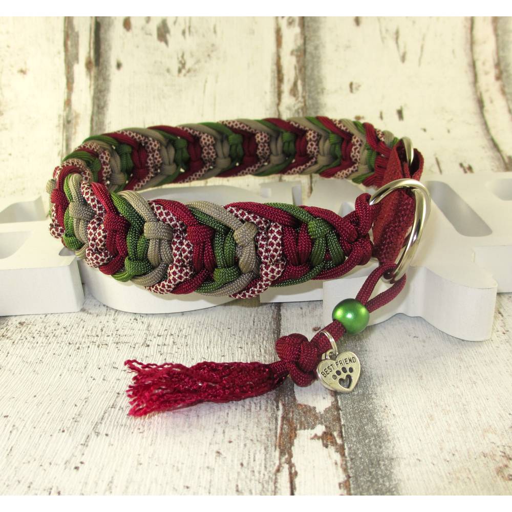 Hundehalsband Best Friend weinrot/grn Paracord Halsband geflochten  Flechthalsband mit Zugstopp oder Klickverschluss