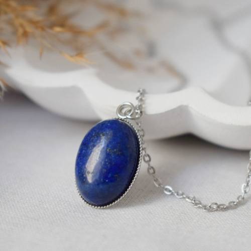 Lapislazuli Kette Silber, Oval, Edelstein Halskette, blauer Stein, Cabochon, Lapislazuli Anhänger, September Geburtsstei
