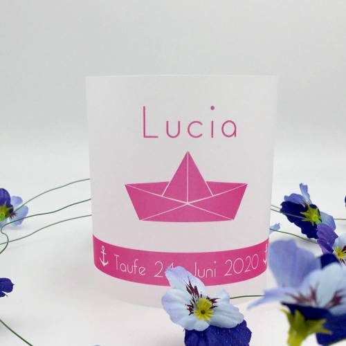 DIY Taufe Windlicht mit rosa Faltboot personalisiert mit Namen
