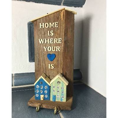 Schlüsselbrett, Hakenleiste, Handtuchhalter, Schmuckhalterung,Häuser, Altholz, blau