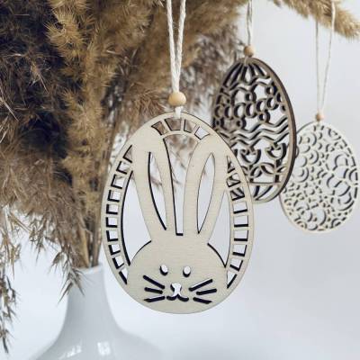 7 verschiedene Eieranhänger aus Holz, Holzeier als Dekoration oder Geschenk zu Ostern, filigrane gelaserte Eier
