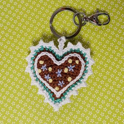 Schlüsselanhänger Taschenbaumler Herz Lebkuchenherz aus Baumwolle gehäkelt mit Karabiner
