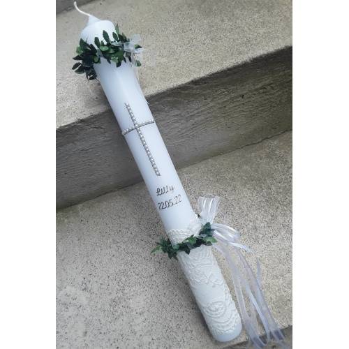 Edle Kommunionskerze Kommunionkerze Kreuz Spitze creme weiß 40x4 cm incl. Tropfschutz Kerzenkränzchen