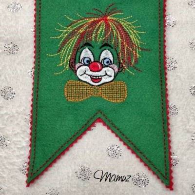 *  Wimpel mit Clown  *  ITH Stickdatei, 13 x 18 - Clown 10 x 10 für Karneval, Fasching, Fasnet...