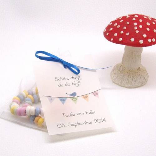 DIY Set Gastgeschenk personalisiert Taufe Kommunion Firmung Konfirmation Bat Mizwa bunte Wimpelkette mit Organzabeutel u