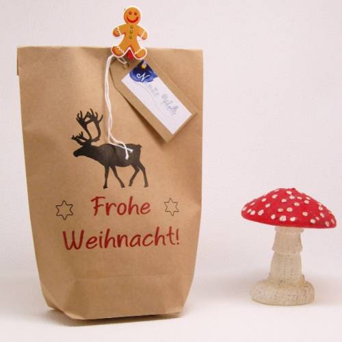 Frohe Weihnacht! mit Elch Set große Geschenktüte Kraftpapier mit Kordel in rot-weiß und Geschenkanhänger aus Papier