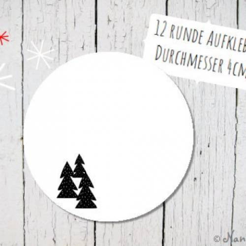 Papieraufkleber zum Selbstbeschriften mit Tannenwald in schwarz-weiß 4cm rund