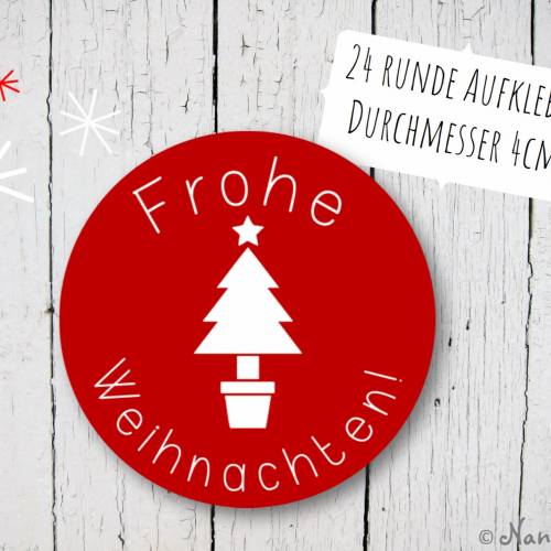 24 rote Aufkleber mit weißem Weihnachtsbaum Frohe Weihnachten rund