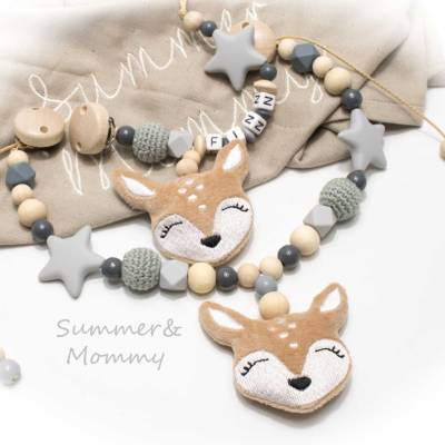Kinderwagenkette Wagenkette einzeln oder als Spar Set Holz Schnullerkette Reh Rehe Geschenk
