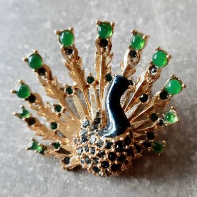 Brosche Pfau , Emaille , Strass