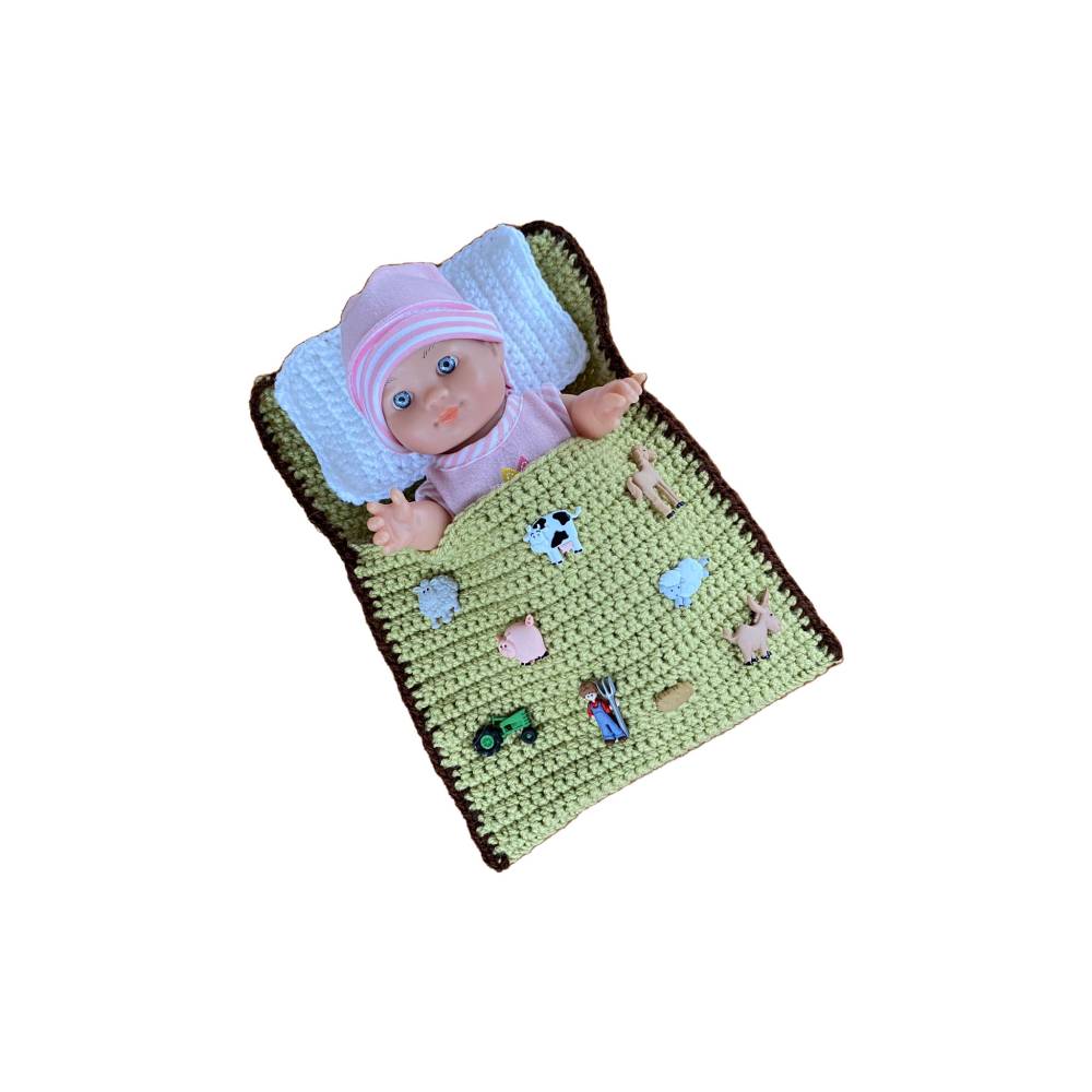 Puppenbettchen - Schlafsack fr Puppen ca. 20 cm Bauernhof mit Bauer und  Tiere