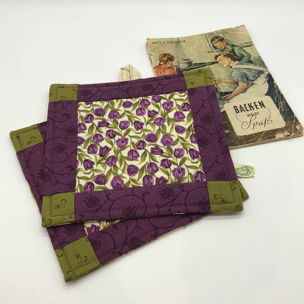 Topflappen aus Stoff, Patchwork-Topflappen mit lila Tulpen Bild 2