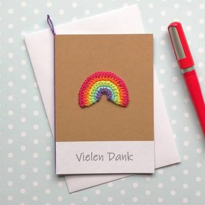 Glückwunschkarte Grußkarte Danksagungskarte Regenbogen gehäkelt mit Wunschtext