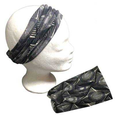 Stirnband Damen extra breit aus Viskose Jersey – Grau gemustert, elastisch & weich