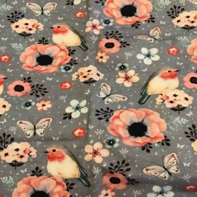 Jersey ROTKEHLCHEN * BLÜTEN * SCHMETTERLINGE * GRAU * 1,00 x 1,50 m