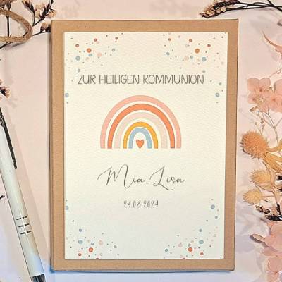 Geldgeschenk zur Kommunion für Mädchen personalisiert – Geschenkbox mit Regenbogen & Name