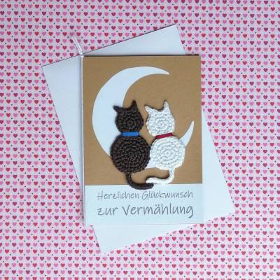 Hochzeitskarte verliebtes Katzenpaar gehäkelt Mondschein mit Wunschtext